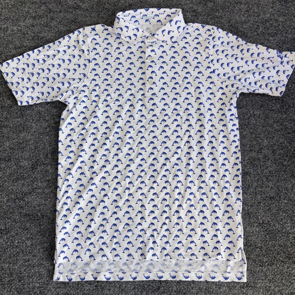B. Draddy Sport Youth Boys Size 10 Polo Shirt White Blue Dolphin Print Golf Top